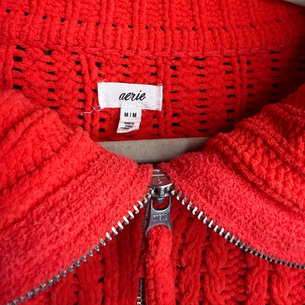 Aerie Cable Car Knit Quarter Zip Cozy Sweater Holiday Red Medium - Picture 4 of 9